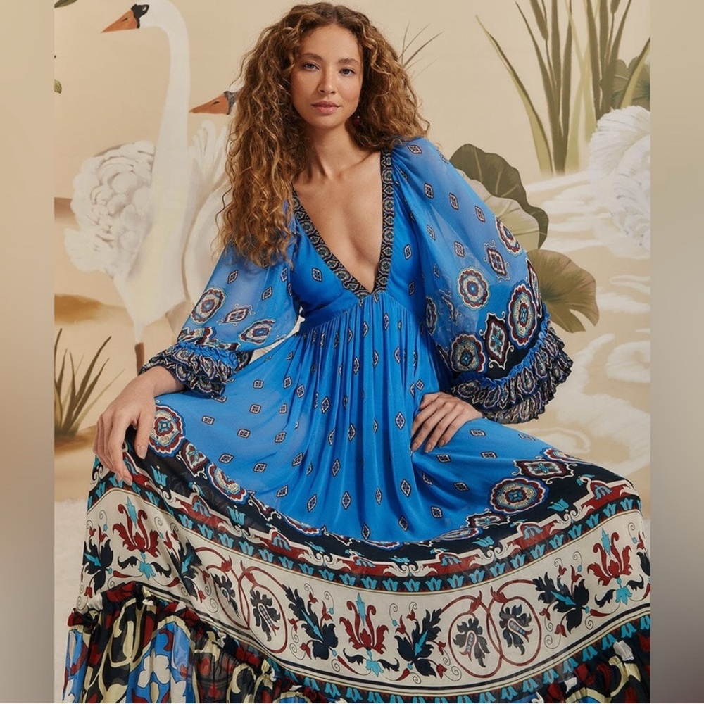FARM Rio Blue Patterned Long Sleeve Dress - Picture 3 of 15